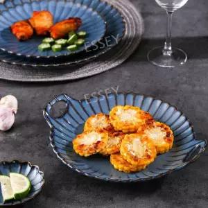 블루 도자기 원반 모양 일식 스낵 식기 그릇 한식 스테이크 국화 양식 트레이 꽃