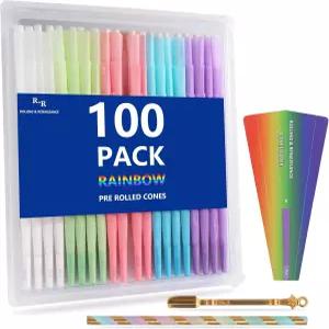 컬러풀 프리 롤드 콘 100팩 108mm 킹 사이즈 롤링 페이퍼 종이 깔때기 로더 및 컬러 필러 스틱 포함 팁이