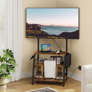 충전 스테이션, 조절 가능한 마운트 및 휠, 롤링 TV 콘솔 테이블, 엔터테인먼트 센터, 최대 75인치 TV, 3단 수납 선반, 러스틱 브라운 블랙 TDS03UBF가 있는 CHOEZON 모바일 스탠드