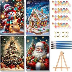 액자 캔버스로 어른을 위한 숫자별 크리스마스 페인트 - 나무 이젤, 초보자를 4팩 페인트, 가정용 벽 장식용 브러시로 캔버스에 그린 아크릴 유화 (8x12인치)