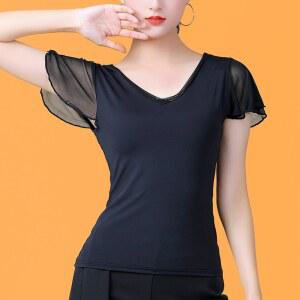 블랙 라틴 댄스복 날개소매 사교 반팔 여성 댄스옷 라인댄스 스포츠 상의