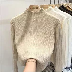 이너니트 하프넥 프릴 레이스 반목 여자 슬림핏 긴팔 티셔츠 맨투맨티셔츠