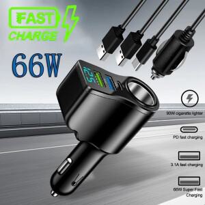 [호환품]4-In-1 전원 어댑터 차량용 충전기 소켓 분배기(USB 포트 2개 포함) 12V/24V USB Type-C PD 디지털