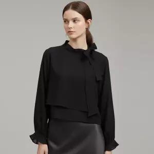 국산 여성 레이어드 랩 리본 크롭 블라우스 SIU-WBL-21020-블랙