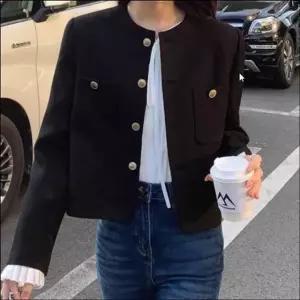 여성 세미크롭 노카라 숏자켓 금장단추 아우터 하객룩 봄가을