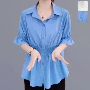 [하프클럽/]테잇드 스모크 밴딩 반팔 블라우스