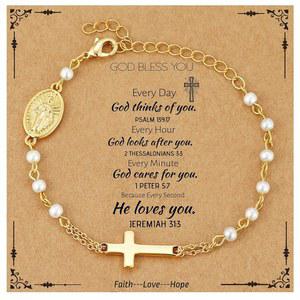 여성 소녀를 위한 세모야 가톨릭 팔찌 선물, 모의 진주 묵주 구슬 성모 마리아 십자가 참 확인 첫 성찬 세례 종교 기독교 주얼리 선물