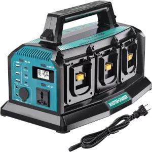 2-in-1 휴대용 인버터 충전기 1200W 순수 사인파 및 마키타 18V 배터리용 6A 급속 6포트 DC-AC 120V 컨버터