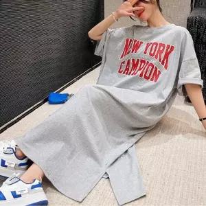 공항 패션 해외 여행 박시 면 원피스 레터링 프린트 (WFKN4M7)