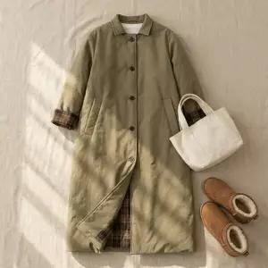 체크 소매 누빔 롱 코트NC4HC025