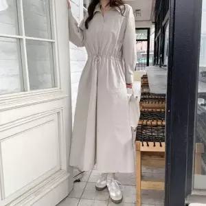 래키로 포켓 스트링 바스락 셔츠 롱 원피스