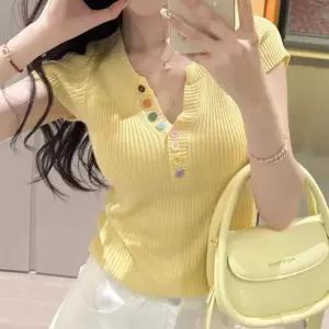 무지개 색상 단추 여성 골지 니트티 여름 노랑 반팔 여자 옷
