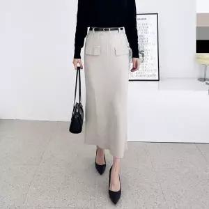 블레오 도톰 H라인 뒤트임 벨트 니트 롱 울 스커트 DM2511392