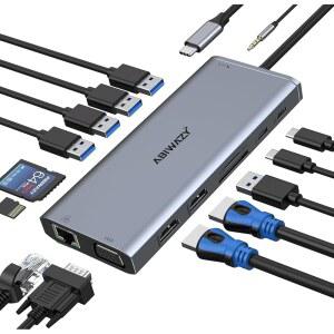 Dell /HP /Lenovo / Surface Laptop용 USB C 도킹 스테이션 듀얼 모니터, 14 in 1 트리플 디스플레이 허브 멀티 어댑터, 동글, HDMI 4K+VGA+5포트 + 100W PD 충전기 이더넷+SD /TF+Audio