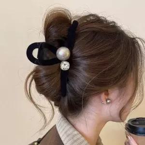 진주 고급 큐빅 여성 벨벳 소재 집게핀 블랙 WFJZGC4