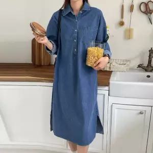 여성 봄 가을 카라 긴팔 데님 셔츠 롱 원피스 청 원피스 OP0389S 빅사이즈 루즈핏