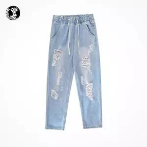 찢어진데님 찢청 9부팬츠 허리밴딩 데님 배기 찢어진청바지