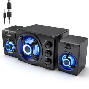 D-208 서브우퍼가 있는 컴퓨터 스피커, 전원 태블릿용 RGB 스피커 및 입력 베이스, Aux 플러그 플레이, 모니터, PC 2.1 향상된 노트북, 하이파이 (블랙) 앤 데스크톱, 조명이 시스템, 3.5mm USB/USB-C