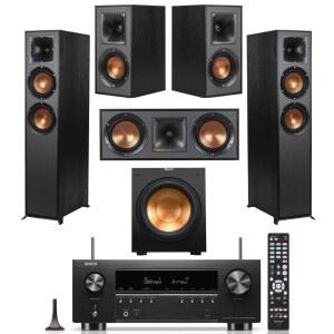 Klipsch 레퍼런스 5.2 홈 시어터 시스템, 7.2 리시버, 번들, R-26FA 바닥 스탠드 스피커 2개, R-25C 스피커, R-41M 책장, R-12SW 서브우퍼 및 데논 AVR-S770H 7.2채널 8K