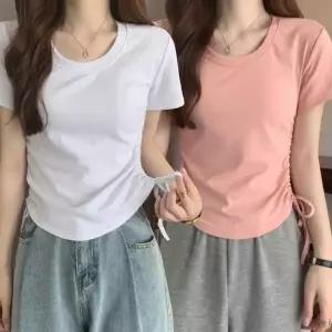 [골드스마일]티셔츠 셔링 여성 슬림핏 반팔 크롭 무지 러블리