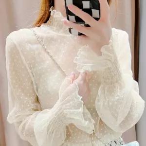 도트 레이스 터틀넥 하이넥 시스루 티셔츠 프릴 레이어드 땡땡이 이너