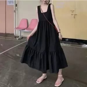 베이직 주름 롱기장 스퀘어넥 원피스 민소매 캉캉