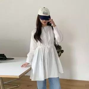 여자 밴드넥 핀턱 허리스트링 플레어 미니원피스