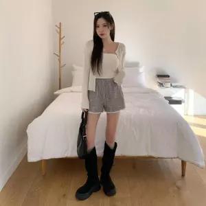 여자 루즈핏 밑단 레이스 니트 밴딩 반바지