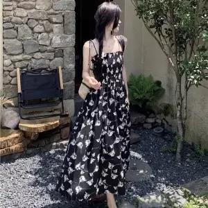 플라워 패턴 리본 드레스 밴딩 끈나시 원피스 (KYR-WFHMF5D)