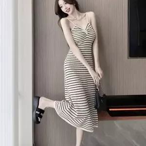 스트라이프 여름 니트 여성 끈나시 롱 원피스 휴양지 (KYR-WE86467)