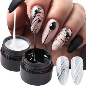 6pcs 블랙 화이트 스파이더 손톱 드로잉 젤  페인팅 와이어 웹 라이너 세미 퍼머넌트 UV 실크 광택 매니큐
