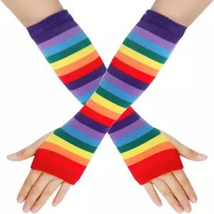 박스캣 레인보우 스트라이프 롱 핑거리스 장갑 워머 니트 엘보우 엄지 구멍 여성 남성 게이 프라이드 데이