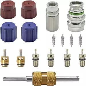 17PCS 자동차 에어컨 밸브 코어 키트 R12 R134A 테프론 씰 캡 키트(고압 A/C 서비스 포트용 제거 도구