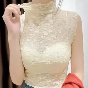 시스루민소매 반폴라 프릴넥 플라워 시스루 크롭민소매티 NF-41