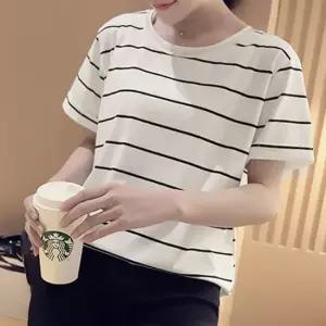 여성 반팔 스트라이프 단가라 줄무늬 티 셔츠 화이트 스트라이프티셔츠