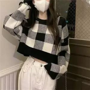 클래식 투톤 체크패턴 숏탑 심플넥 걸스롱슬리브티