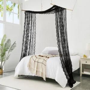 누아르 고딕 데코 55 x 144 인치 블랙 레이스 캐노피 침대 커튼은 트윈 베드 캐노피가 어두운 침실 장식