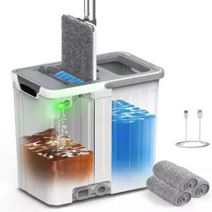 자동 펌프가 장착된 걸레와 양동이 세트 3존 분리형 더럽고 깨끗한 물 링거와 바퀴가 평평한 시스템 재사용