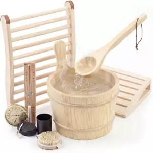 레이누오센 9개 천연 목재 사우나 액세서리 키트 - 베개 등받이 버킷 국자 습도계 모래시계 바디 브러시