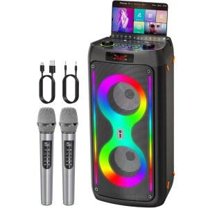 노래방 기계, 휴대용 야외 스피커, 무선 마이크 2개, 캠핑, 해변, 파티를 위한 LED 조명이 장착된 PA 시스템, USB /TF /REC /AUX, 6000mAh 배터리 지원, 이상적인 선물