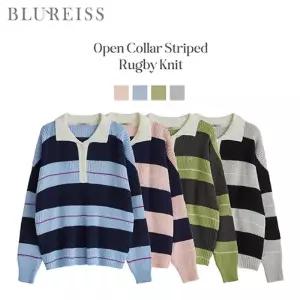 [블루레이스] 펜던트 카라 배색 줄지 롱니트_B6S1KT2110