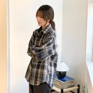 여자 가을겨울 오렌지그린 체크 오버핏 셔츠