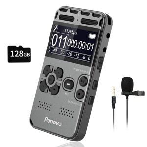 재생 기능이 있는 136GB 디지털 음성 녹음기, 1536Kbps 듀얼 마이크 스테레오 오디오 활성화 강의, 인터뷰, 회의를 위한 소음 감소 Ponovo 초슬림 미니 녹음 장치