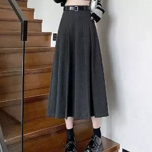 겨울 데일리룩 플리츠 모직 롱스커트