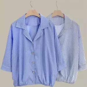 여성 클래식 스트라이프 루즈핏 7부 셔츠 스트링