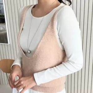 고품질 니트 스타일 베스트 조끼 여성 유넥 크롭 파인 포켓니트 (WFFVZQR)