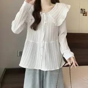 프릴 세일러빅카라 리본 스트랩 스트라이프 블라우스 WE6B935