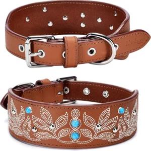 블루베리 애완동물 정품 가죽 개 목걸이 - 꽃 자수와 터쿼이즈 스터드가 있는 대형견을 위한 서양에서
