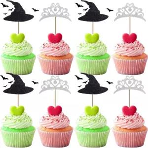 리스미즈 위치 모자와 크라운 케이크 토퍼 24Pcs 모자 컵케이크 장식 실버 글리터 할로윈 마녀 추천 테마