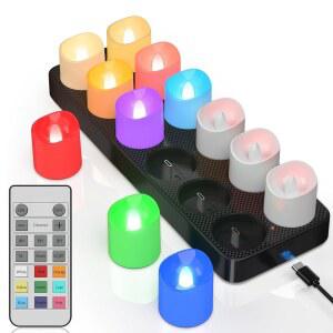리모트 타이머 충전 베이스가 장착된 PChero 충전식 불 없는 양초, 12팩 9색 변경 티 라이트 배터리 작동, 할로윈 호박 크리스마스 파티 홈 데코용 LED 보티브 양초